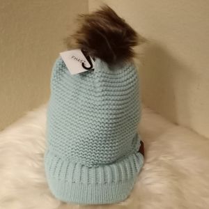 Rimmed Aqua Knitted Hat with Faux Fur Pompom…